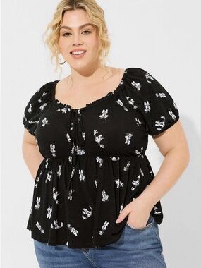 Torrid Disney Minnie Mouse Puff Sleeve Babydoll Top Black White Size 00 M/L